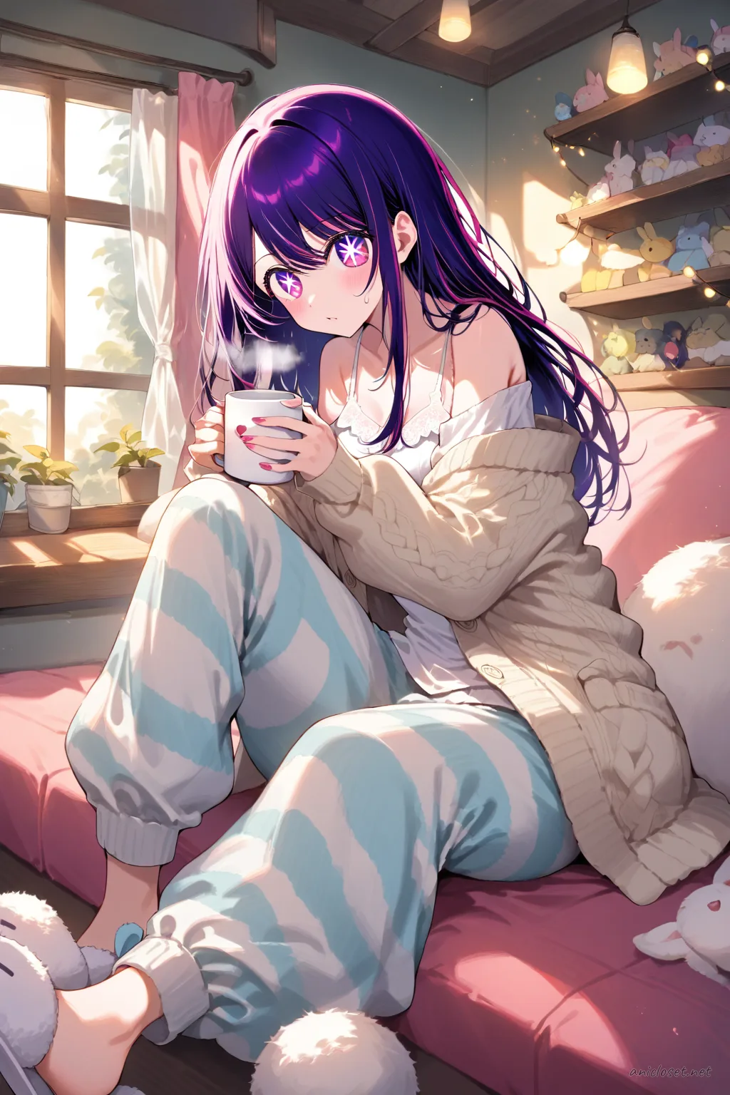 Ai Hoshino seated by window wearing soft knit cardigan over camisole with lounge pants and slippers, holding warm mug