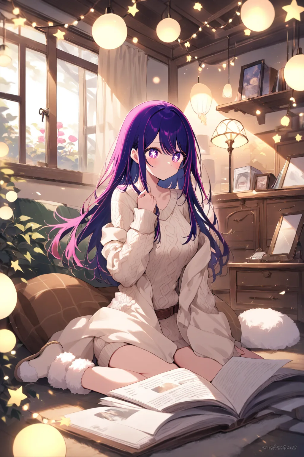 Ai Hoshino standing in soft cream knit sweater, brown belt, white knee socks, beige slippers, holding open magazine in studio