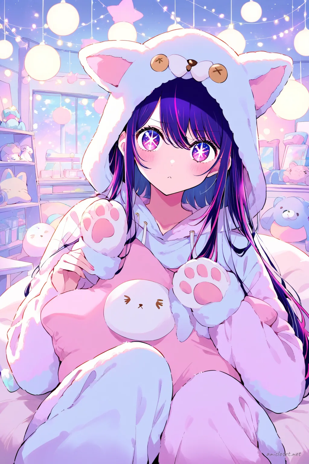 Ai Hoshino wearing a pastel one-piece animal kigurumi pajama with plush costume-ear hood and paw cuffs, hugging a matching plush on a beanbag in a fairy-light decorated room