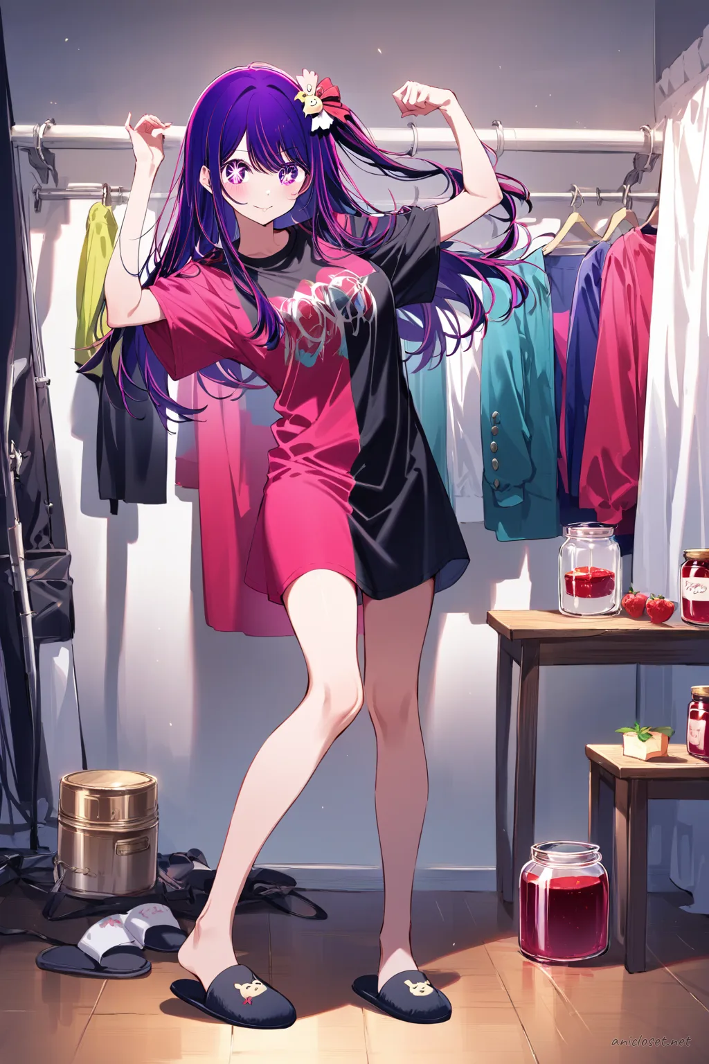 Full-body three-quarter view of Ai Hoshino in a sleek satin robe over a camisole dress, minimal hair clip, plain slippers, standing relaxed in kitchen holding toast