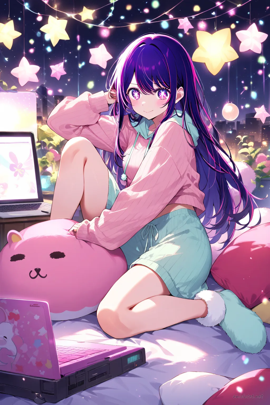 Ai Hoshino lying stomach-down on bed with laptop and fairy lights wearing pastel ribbed crop top and drawstring pants