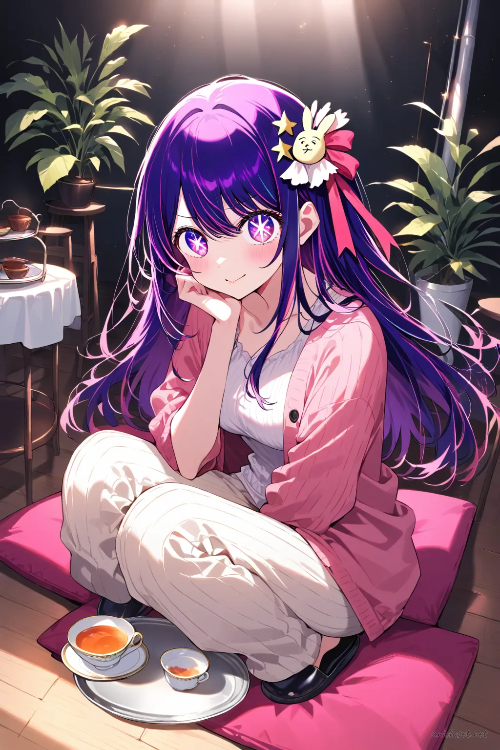 Full body illustration of Ai Hoshino standing in a soft tank top, short cardigan, wide pastel pants, simple hair ribbon, cozy socks, and holding a ceramic mug