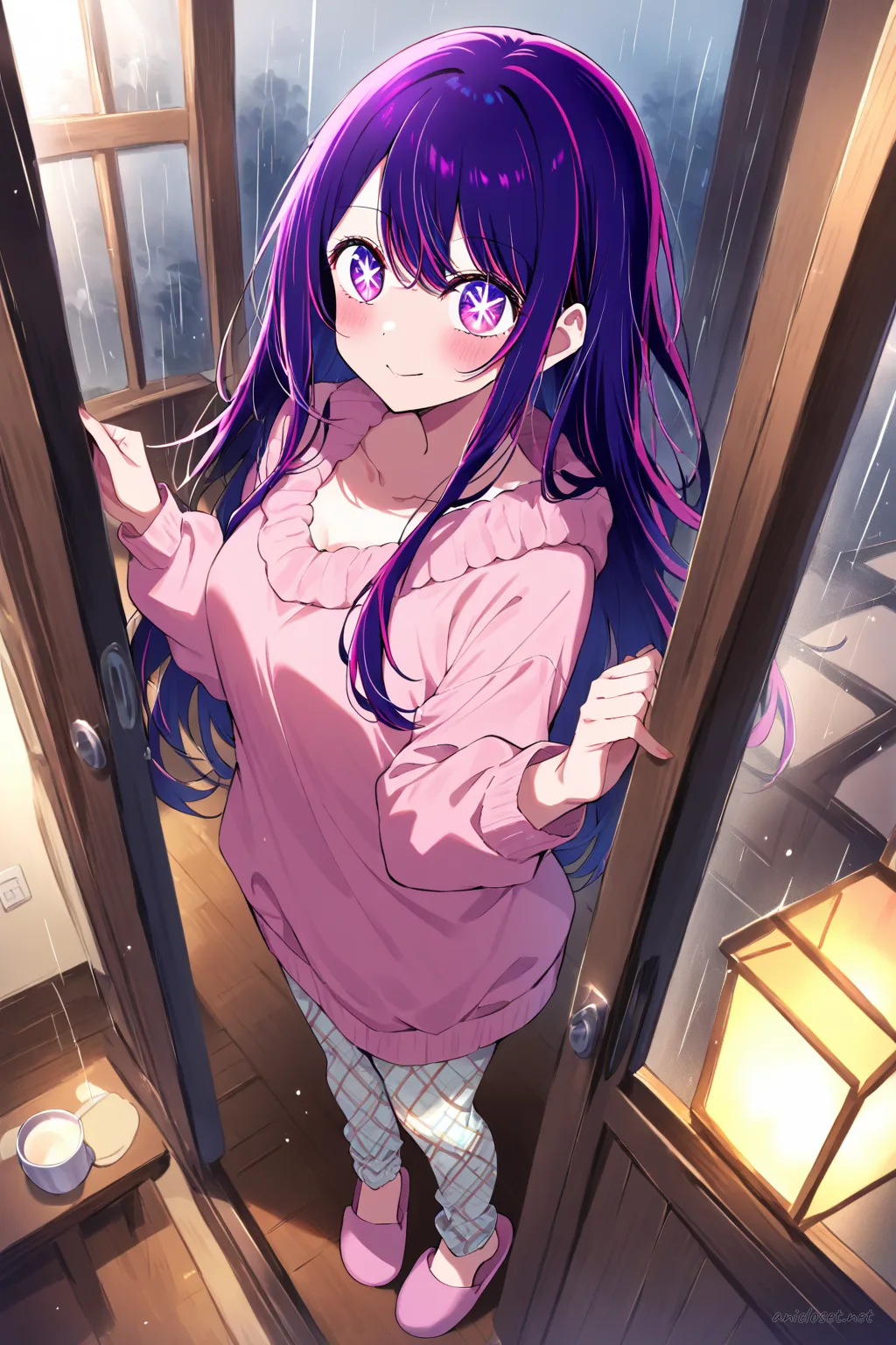 Ai Hoshino in a long knit tunic over patterned leggings, wearing a chunky knit scarf, holding a ceramic mug, leaning on a balcony door with rain-streaked glass