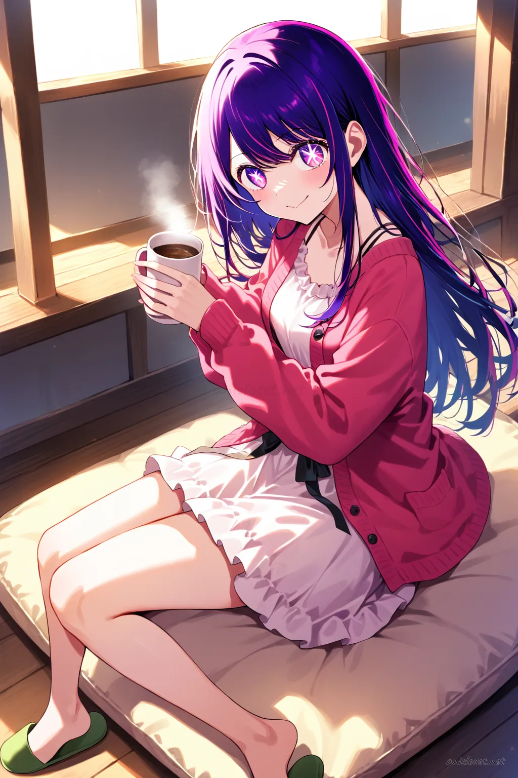 Illustration of Ai Hoshino wearing a soft pink slip dress with thin straps and a small waist ribbon, standing in a cozy bedroom with string lights