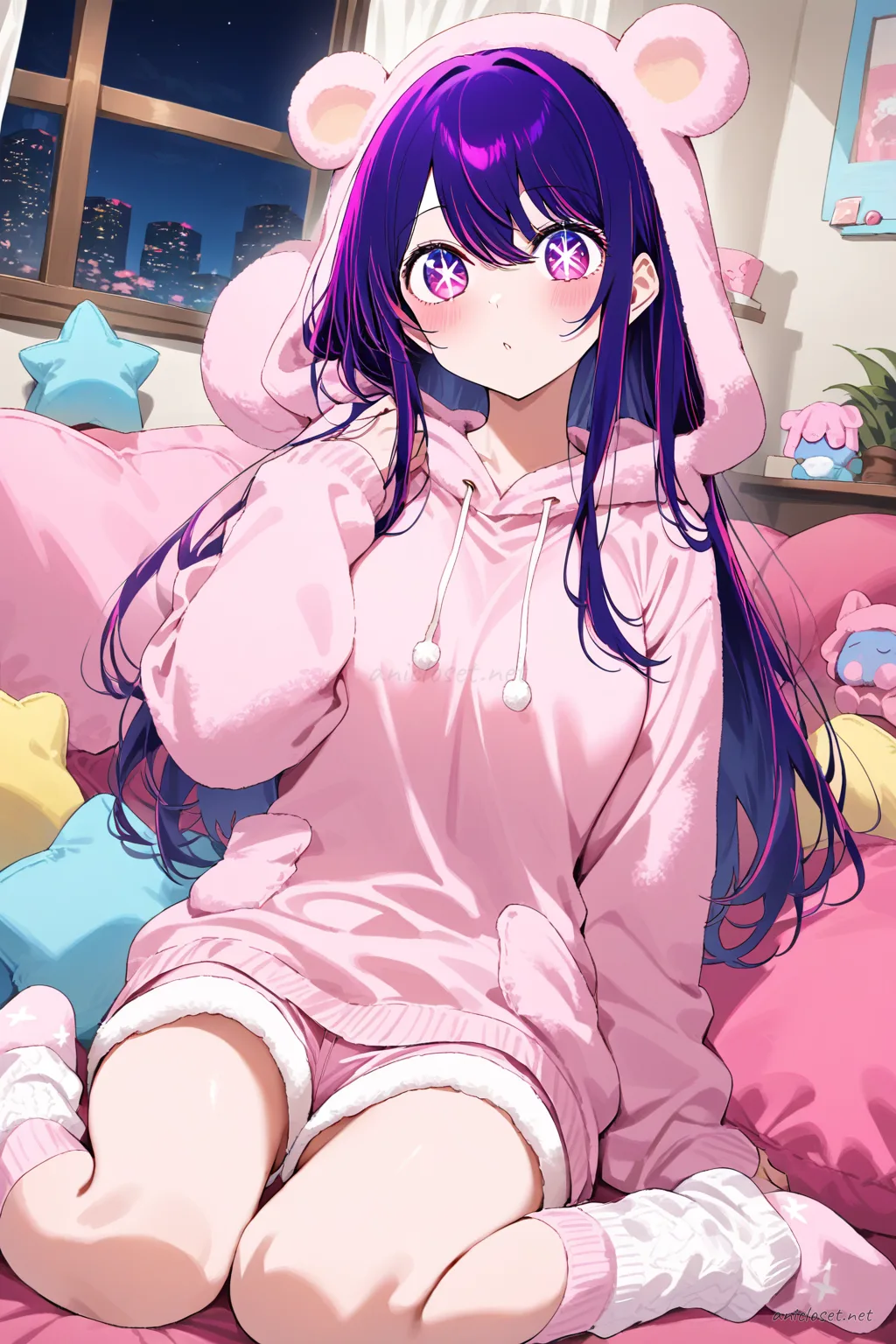 Ai Hoshino wearing pastel pink animal pajama hoodie with plush pig ears, matching shorts, fuzzy white ankle socks, holding a soft blanket pillow fort in a living room