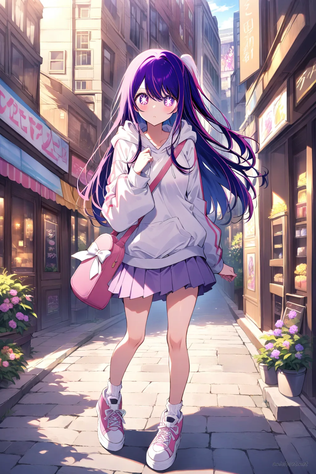 Ai Hoshino wearing pastel oversized hoodie, mini skirt, striped thighhigh socks, and sneakers walking on sunlit shopping street