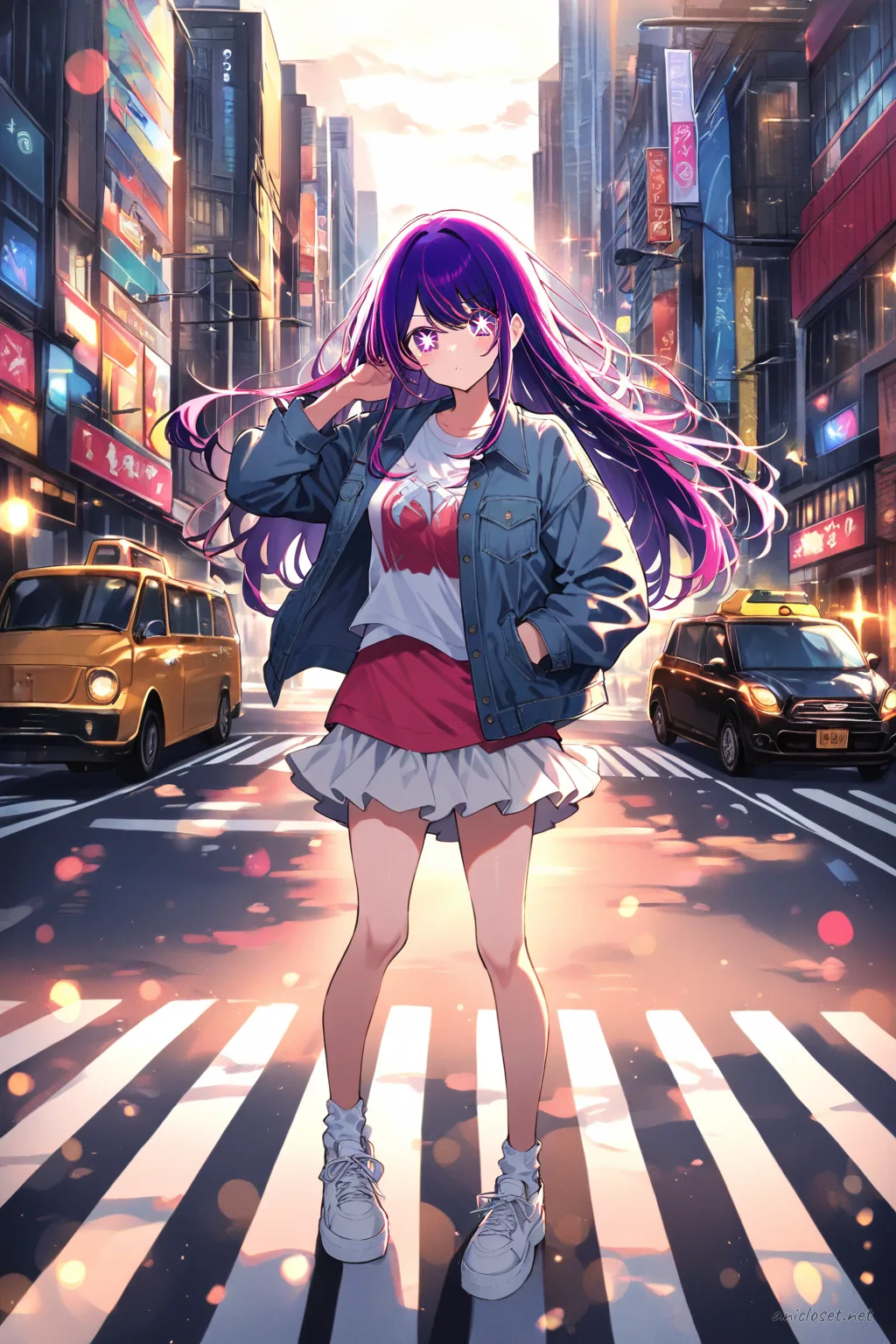 Illustration of Ai Hoshino in a washed denim jacket, graphic tee, black mini skirt, and chunky white sneakers walking on a city street