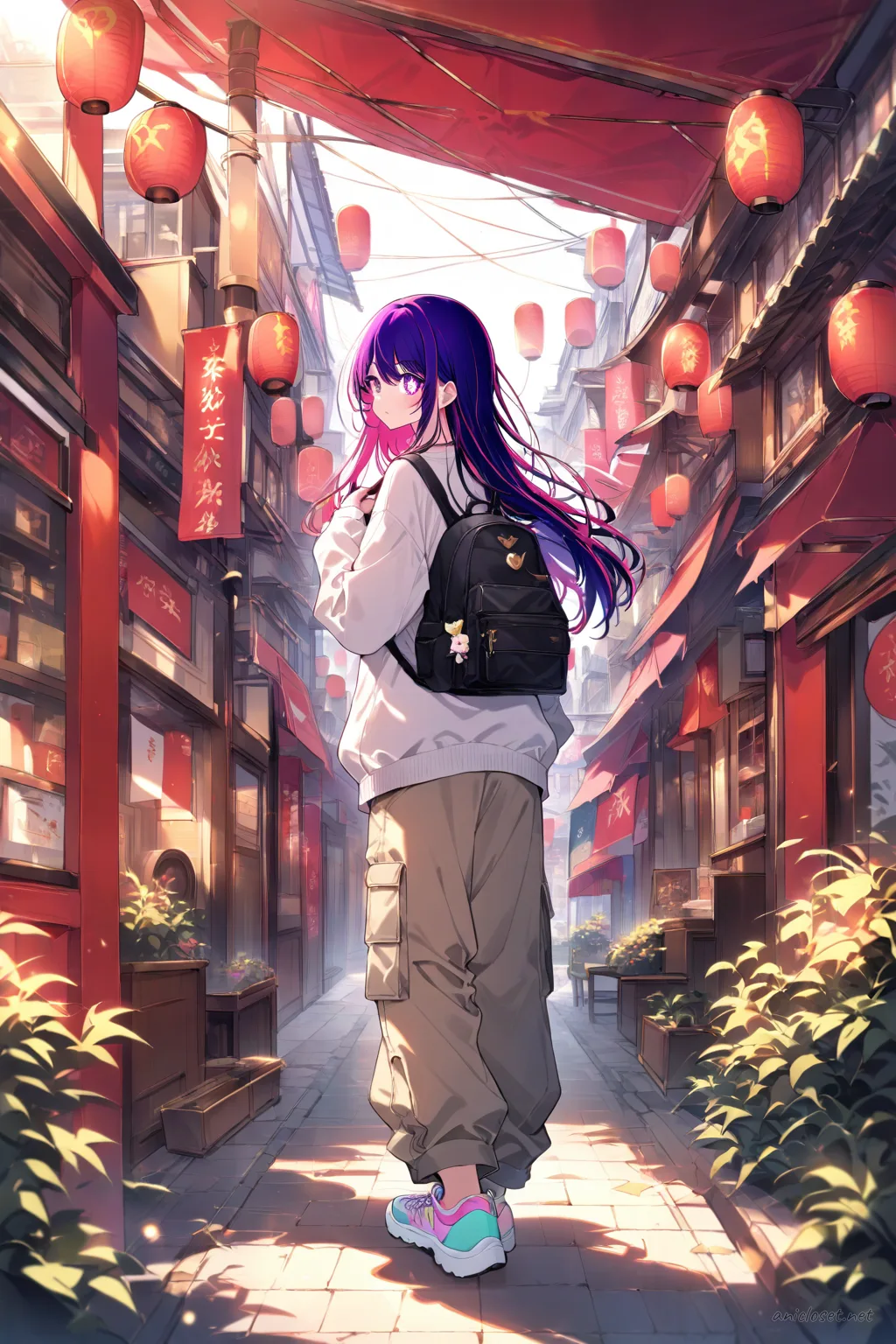 Ai Hoshino wearing a fitted cropped sweater, straight-leg cargo pants, simple sneakers, and a small crossbody bag standing casually in a soft daylight city arcade