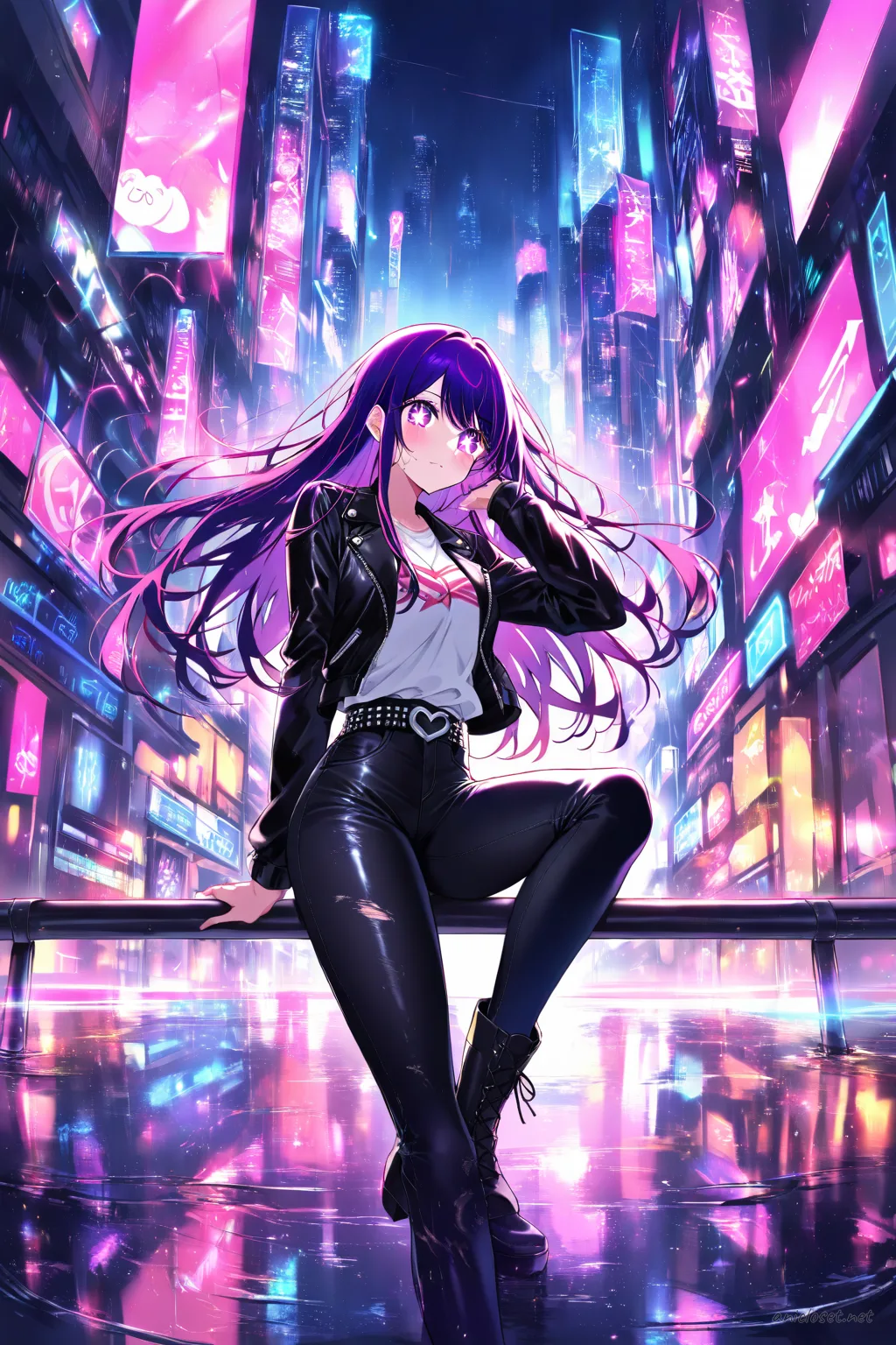 Ai Hoshino wearing a fitted leather jacket over a plain white tee with slim black jeans and black ankle boots, standing by a railing on a quiet residential street in soft evening light