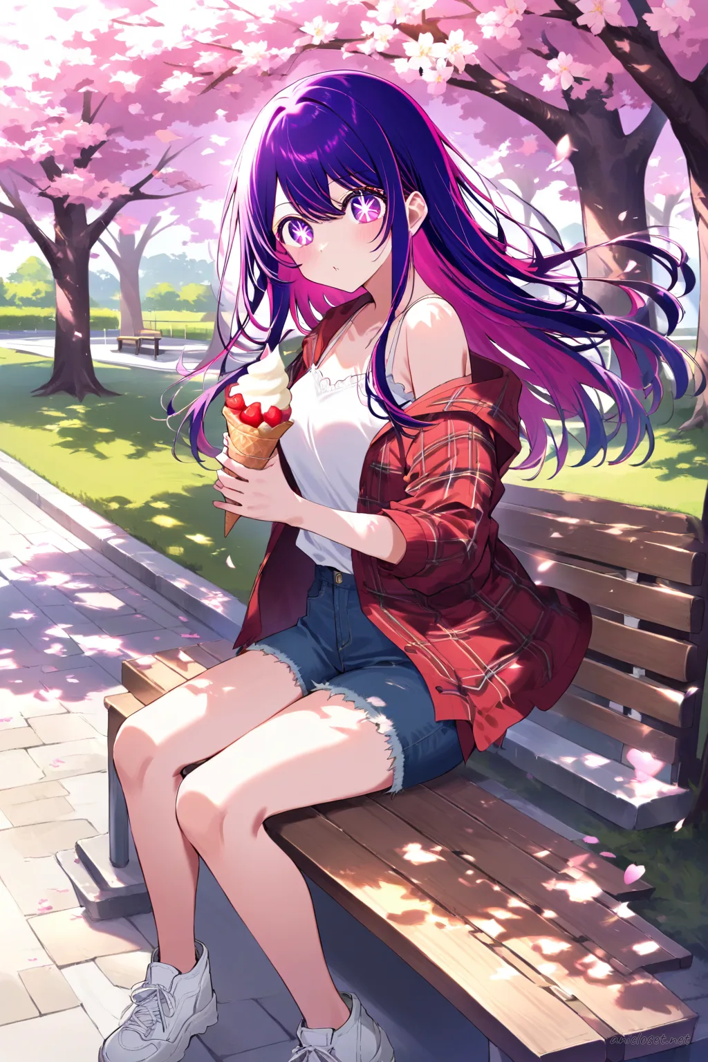 Illustration of Ai Hoshino wearing a white camisole and blue denim shorts, standing with ice cream under cherry trees