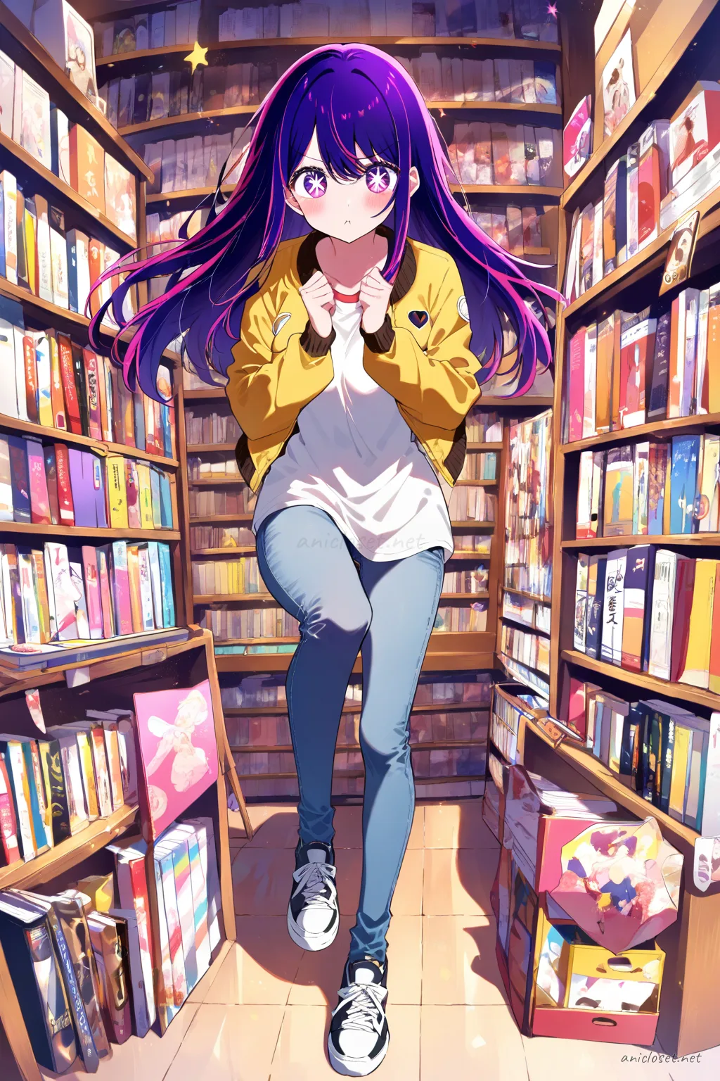 Full body front view illustration of Ai Hoshino wearing a simple bomber jacket, white tee, straight-leg jeans, over-the-knee socks, and sneakers