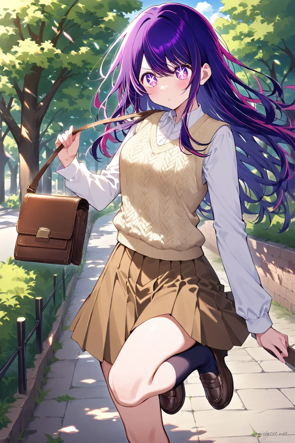 Full body illustration of Ai Hoshino wearing a cropped varsity jacket, ribbed tank top, micro tennis skirt, crew socks, and sneakers, leaning on a skate-park rail in soft late sun