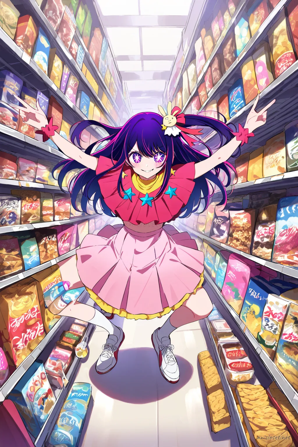 Ai Hoshino in a white cropped tee and pleated tennis skirt, standing knee-up in an open plaza with pigeons and soft bright sky