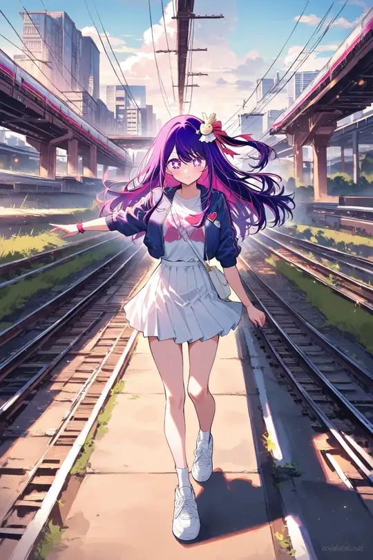 Ai Hoshino wearing a cropped bomber jacket and short tennis skirt, posing near elevated train tracks under soft overcast city light