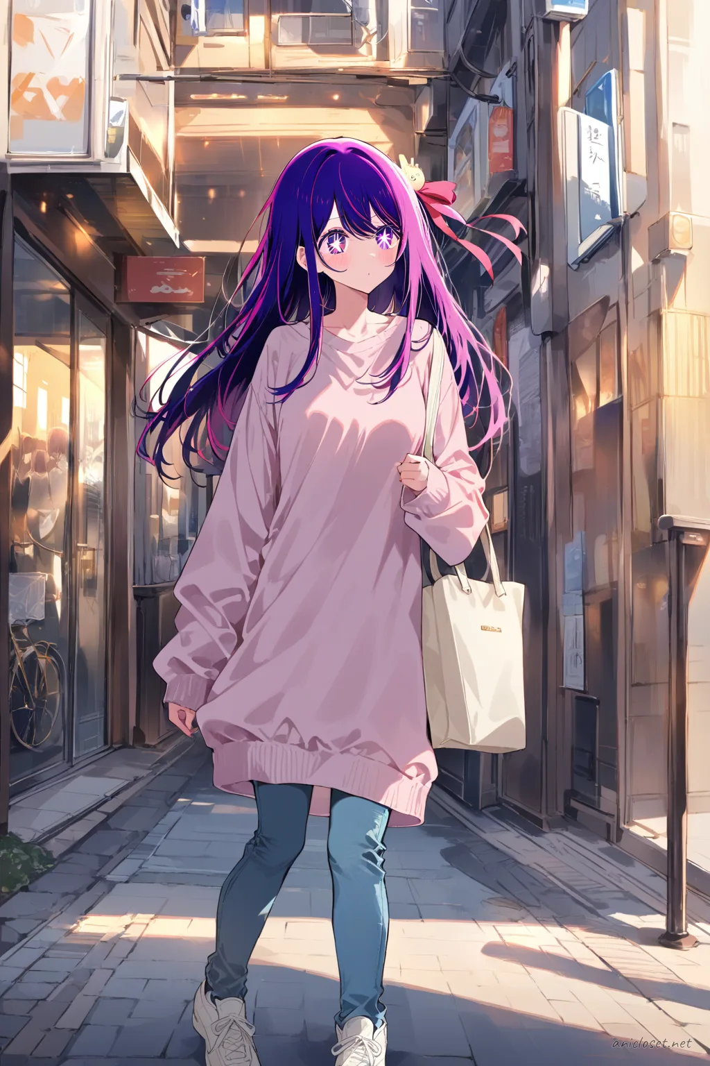 Illustration of Ai Hoshino wearing a pastel oversized sweater, slim jeans, simple tote bag, and slip-on sneakers in a street casual style