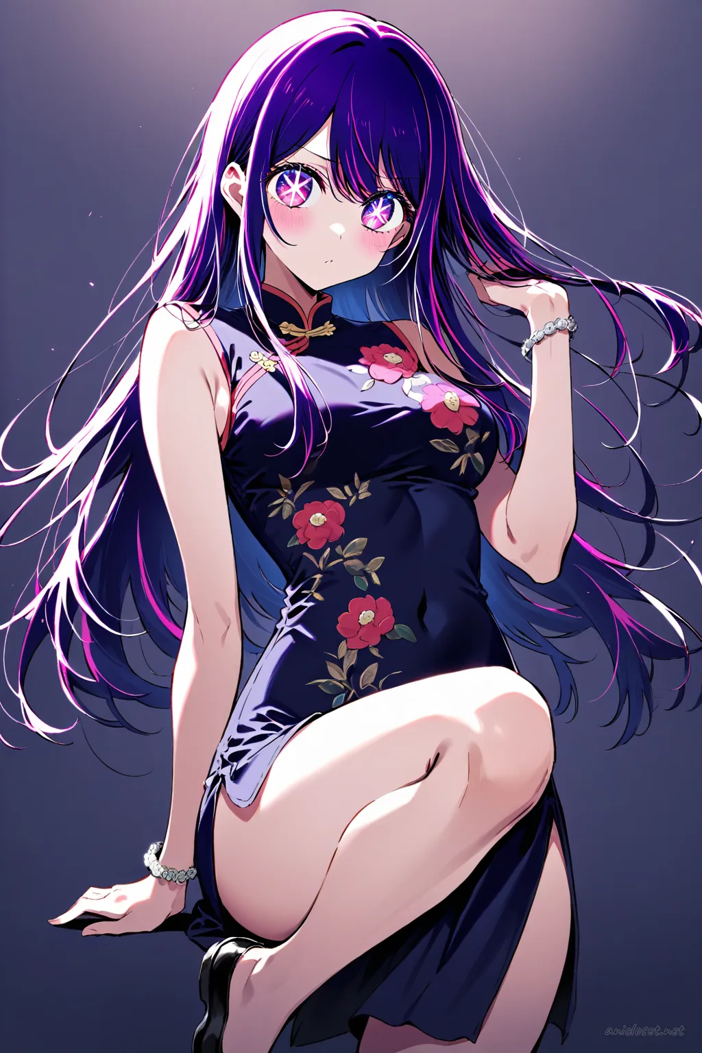 Illustration of Ai Hoshino wearing a navy cheongsam with floral embroidery and side slits, paired with black flats