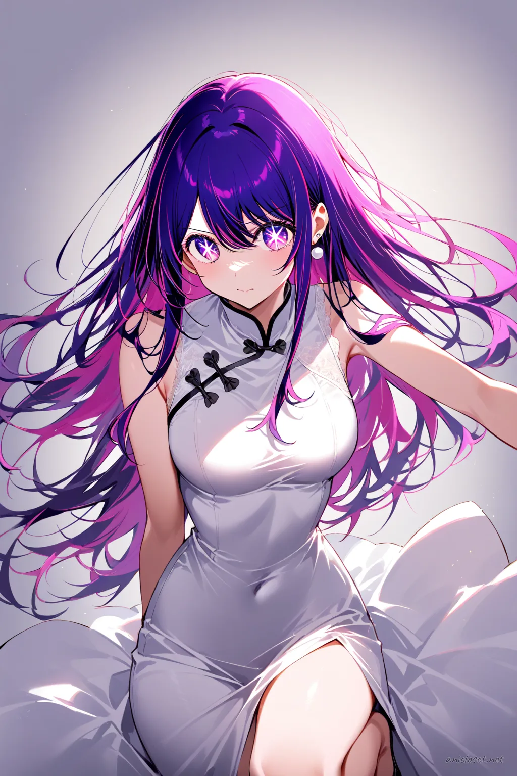 Illustration of Ai Hoshino in a white silk qipao with frog buttons, sleeveless design, and high slit, shown from front in cowboy shot