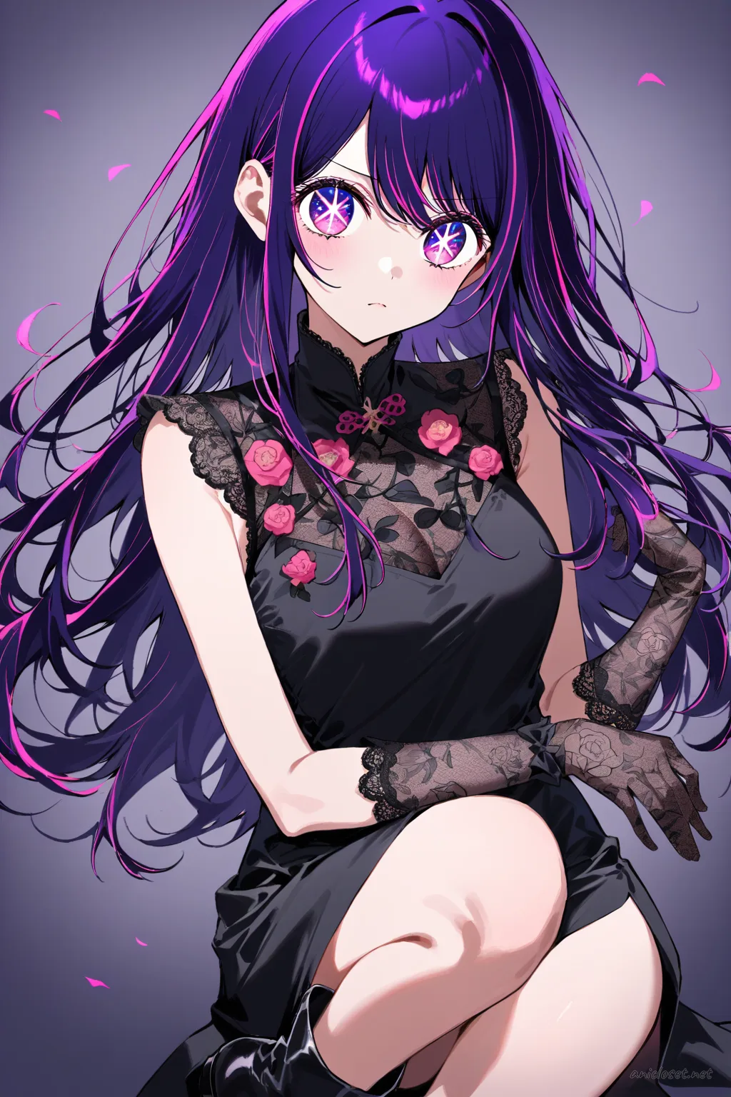 Illustration of Ai Hoshino wearing a sleek black qipao with high collar and minimal lace accents, featuring a fitted silhouette and slit skirt