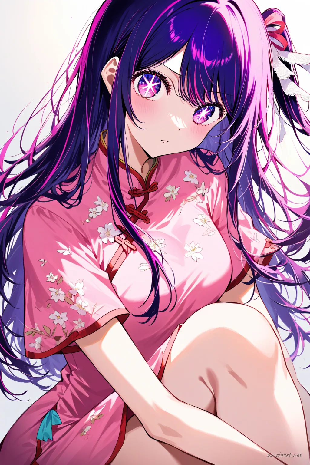 Illustration of Ai Hoshino wearing a pastel pink qipao with minimal trim and a single hair ribbon