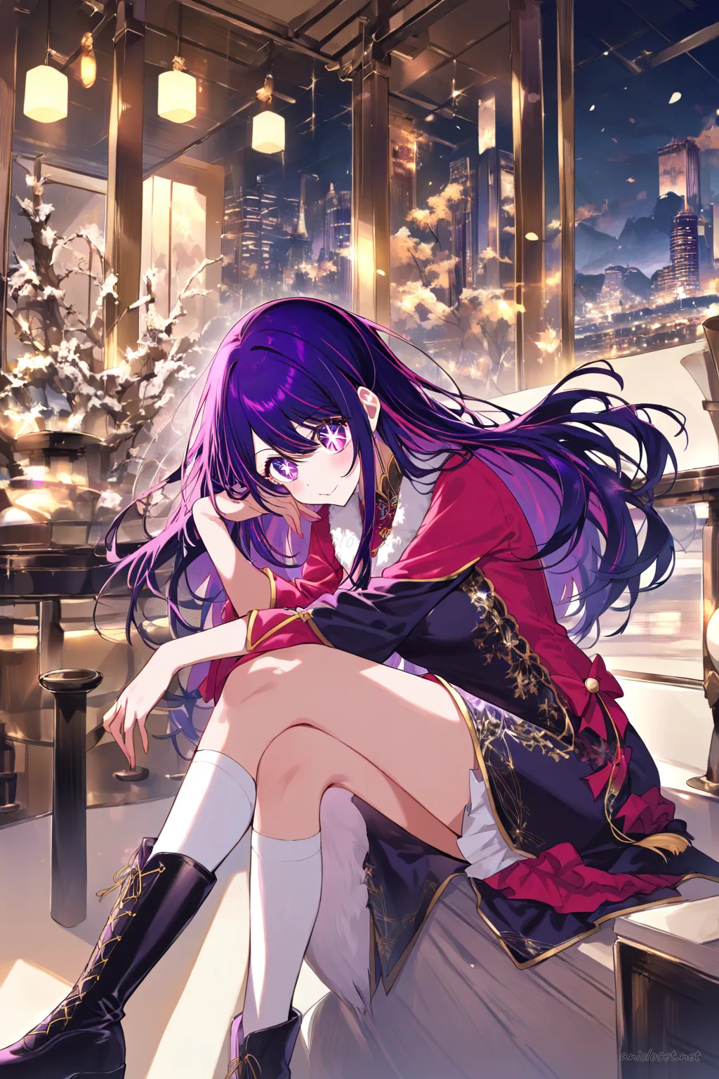 Full body illustration of Ai Hoshino in a simple winter qipao with fur-trim collar and knee-high boots, front view