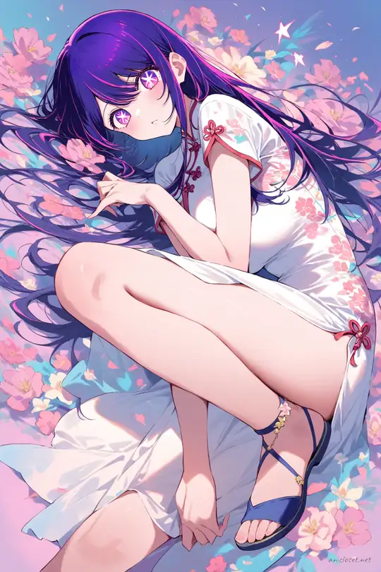 Full body front view illustration of Ai Hoshino wearing a sleeveless light blue qipao with simple hem and flat sandals