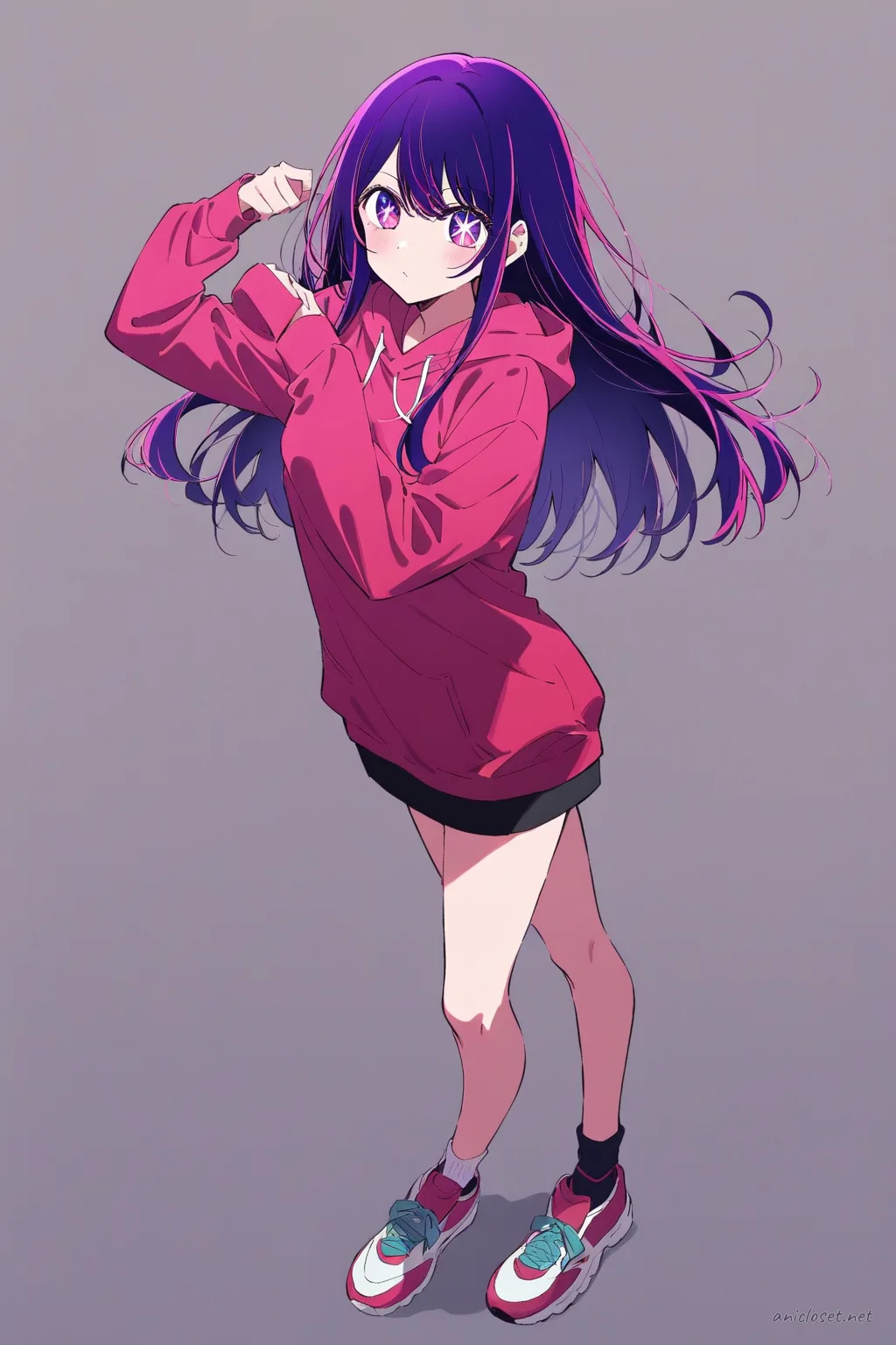 Illustration of Ai Hoshino wearing a sleek fitted qipao dress with minimal pattern and simple sneakers