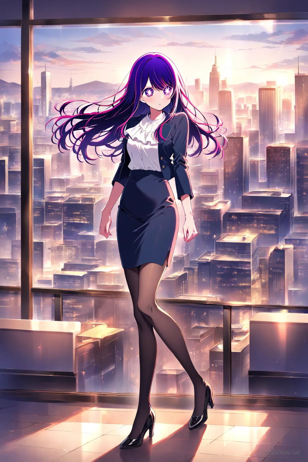 Ai Hoshino wearing a navy tailored blazer over a white silk blouse with a navy pencil skirt and black pumps, standing by a glass office window
