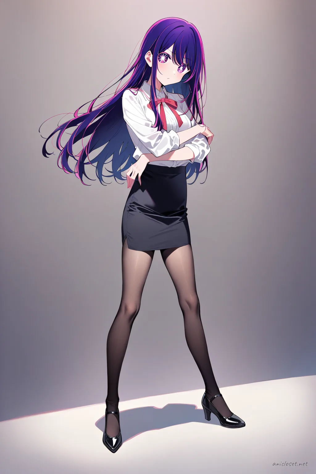 Illustration of Ai Hoshino in a black fitted pencil skirt, white blouse, sheer black tights, and black pumps standing in a modern lobby
