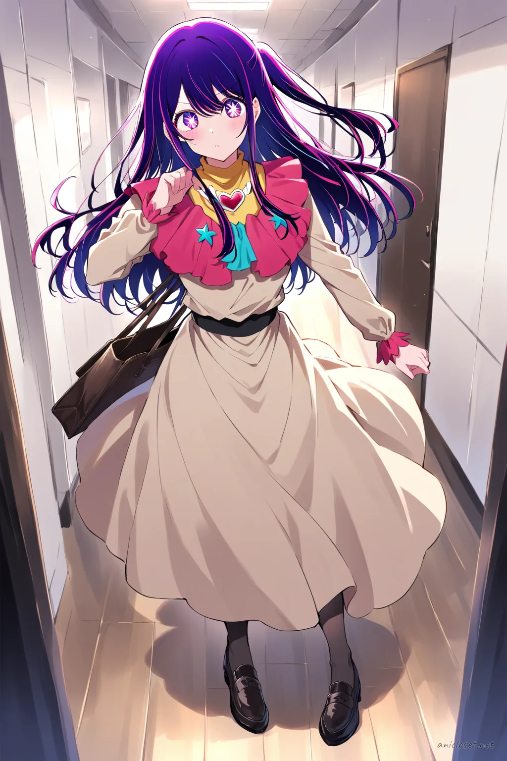 Ai Hoshino wearing a beige tailored blazer dress with belted waist and knee-length skirt, standing in an office corridor with simple loafers