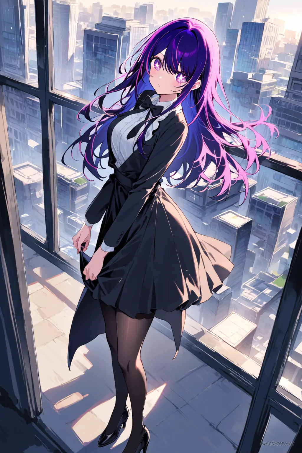 Full-body three-quarter view of Ai Hoshino wearing a sleek black tuxedo dress with white shirt collar, black bow tie, black pumps, sheer tights, and minimal jewelry