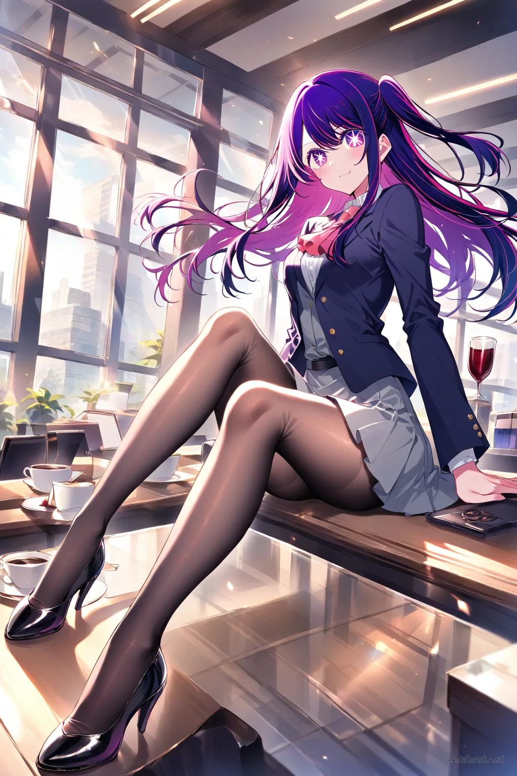 Ai Hoshino wearing a wine sheath dress under an open blazer with a slim belt and pointed heels, sitting on a desk edge holding a coffee cup in an office