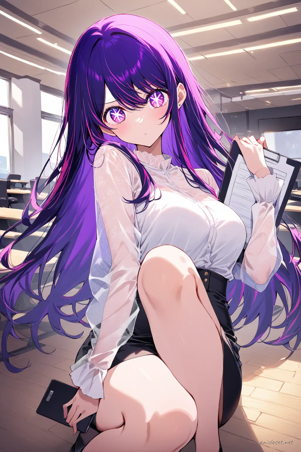Ai Hoshino wearing a white blouse with sheer sleeves tucked into a black midi pencil skirt, holding a clipboard in a bright conference room