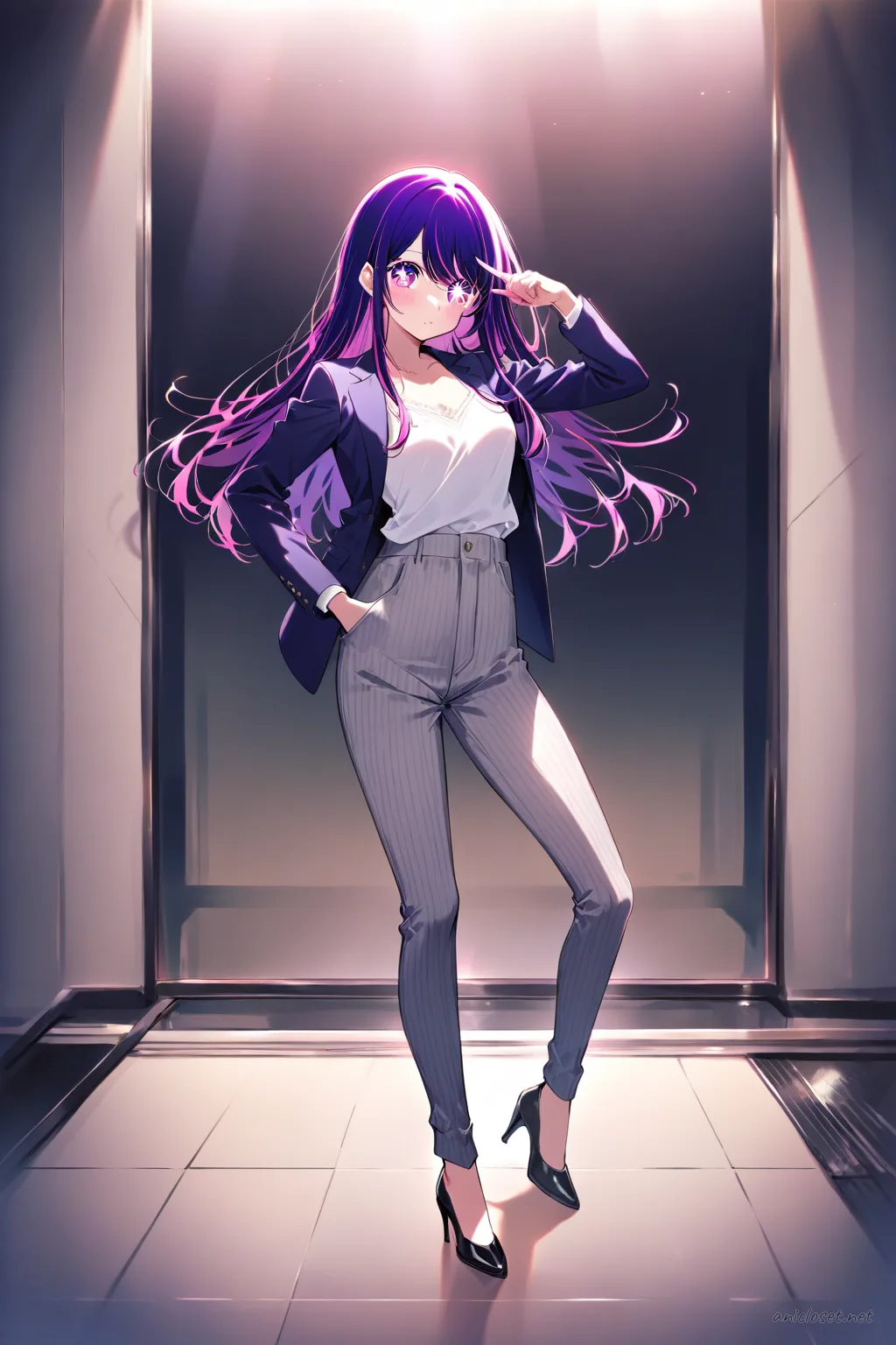 Ai Hoshino wearing light grey tailored blazer, white blouse, straight-leg trousers, and black pumps, standing before glass office building