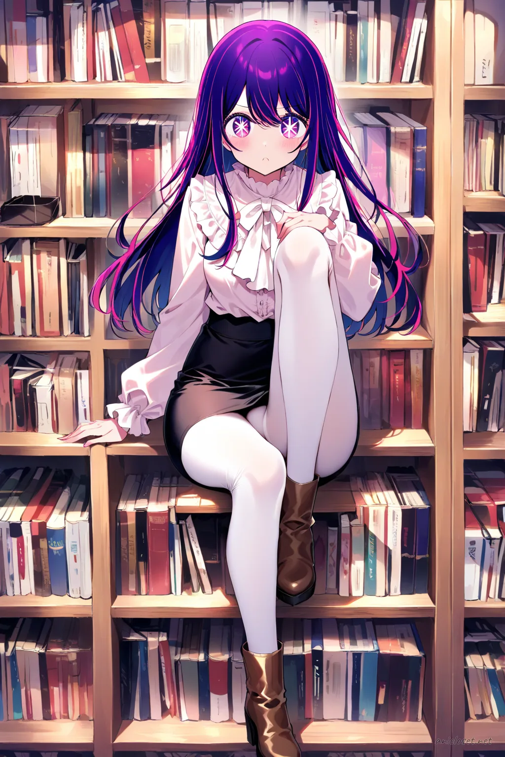 Ai Hoshino in cream pussy-bow blouse and brown leather pencil skirt standing by bookshelves