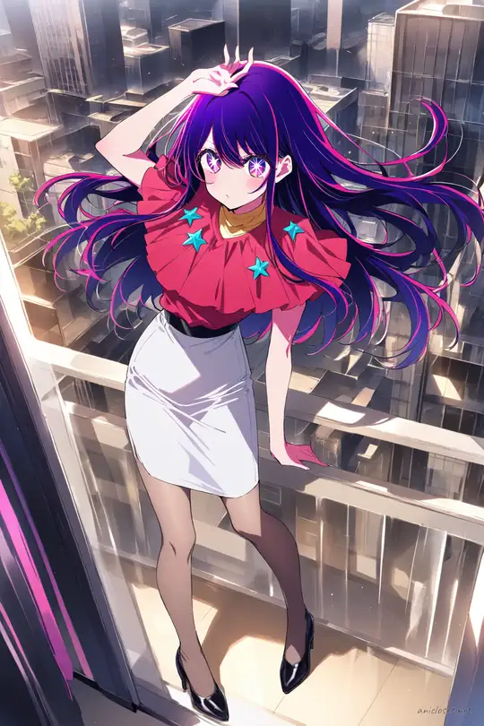 Ai Hoshino wearing a navy wrap blouse and knee-length pencil skirt, leaning on office balcony railing with wind blowing her hair