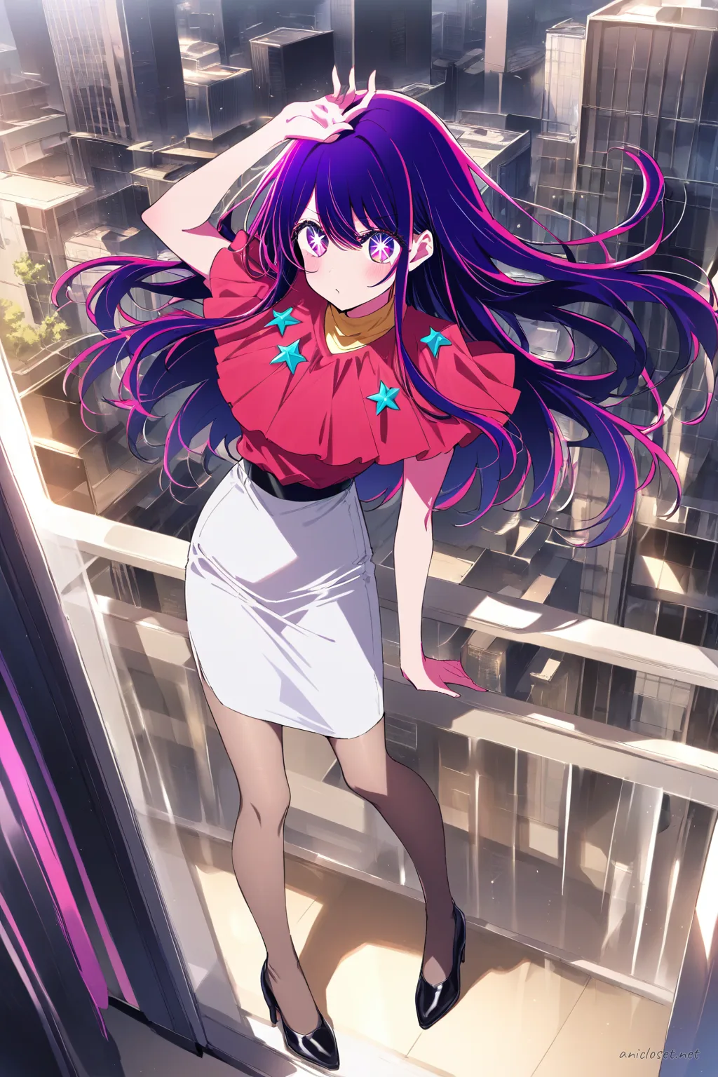 Ai Hoshino wearing a navy wrap blouse and knee-length pencil skirt, leaning on office balcony railing with wind blowing her hair