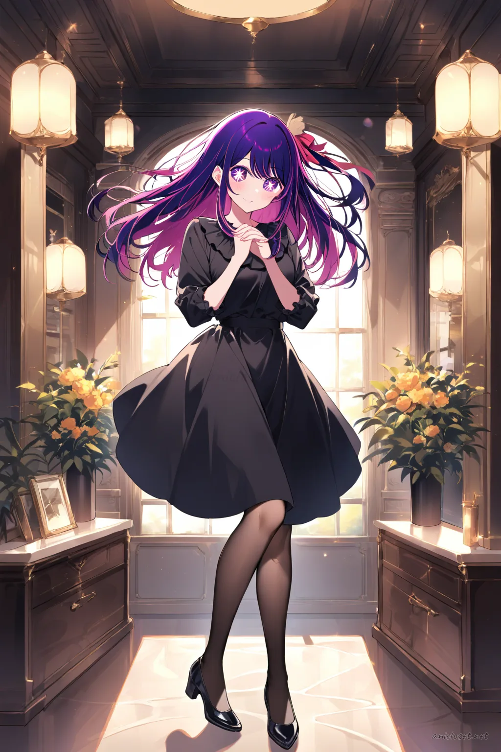 Illustration of Ai Hoshino wearing a white fitted blouse and black A-line midi skirt, standing with arms relaxed in a minimalist office setting