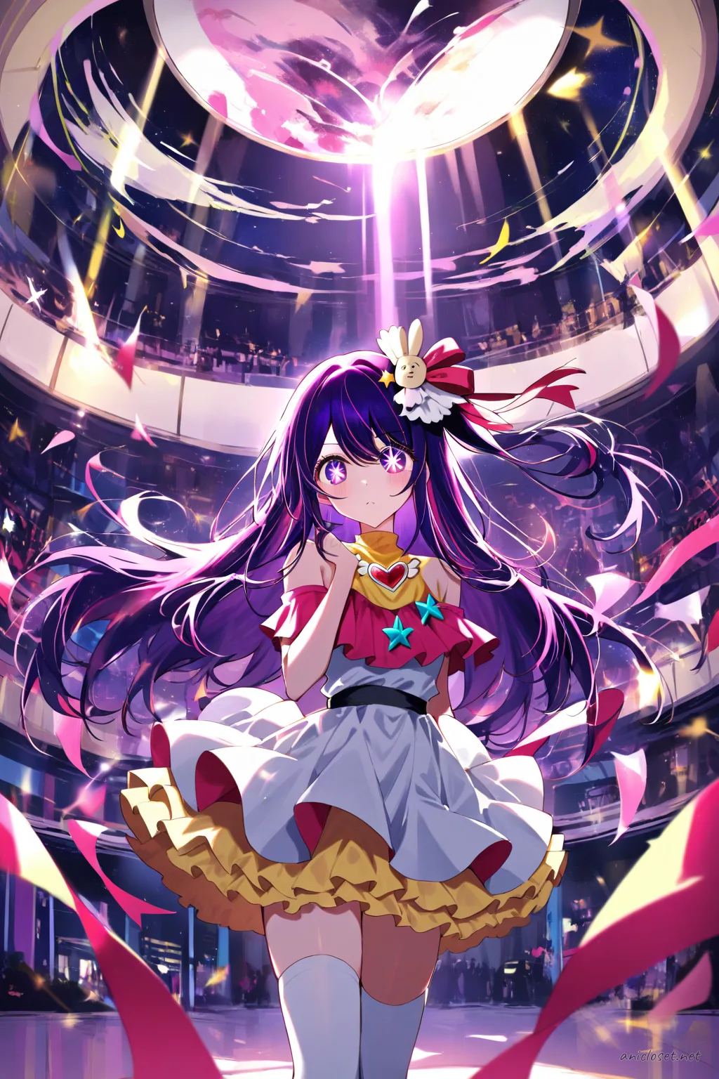 Illustration of Ai Hoshino in frilly idol mini dress with layered skirt, large stage bow, white thighhigh socks with ribbon tops, and mary janes