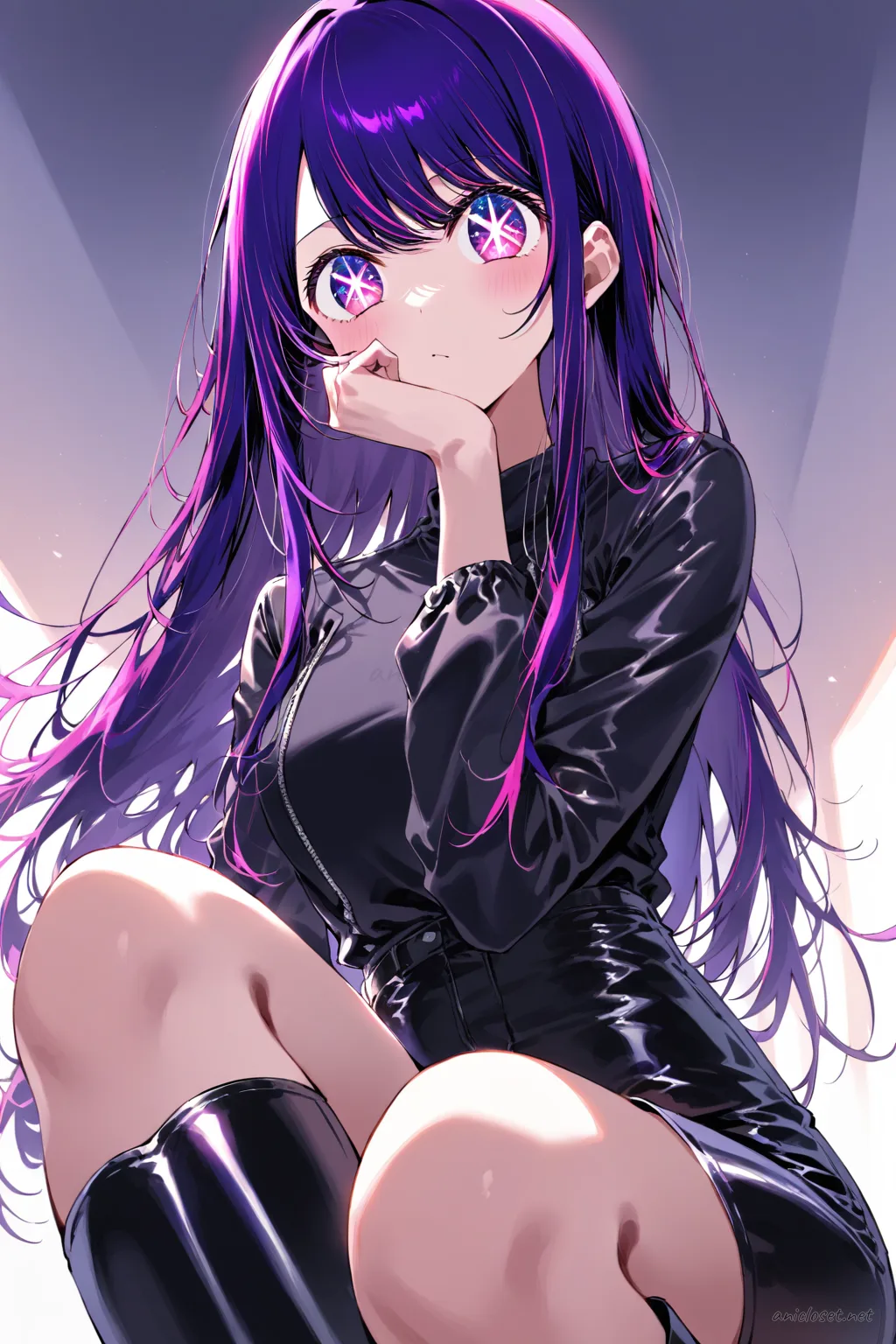 Ai Hoshino wearing a fitted sleek jacket and high-waist shorts with simple stage boots in a knee-up half-body studio shot