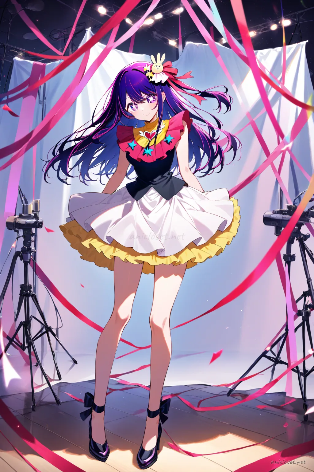 Ai Hoshino wearing a simple idol mini dress with smooth bodice, single-layer skirt, and subtle stage ribbon