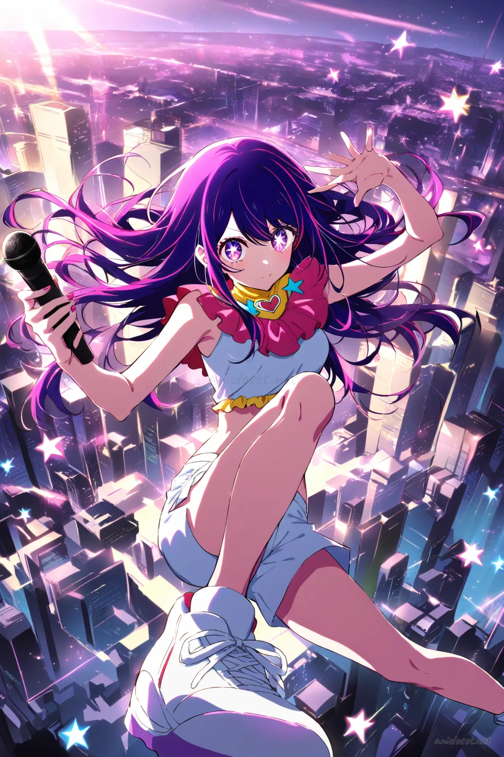 Full body illustration of Ai Hoshino in a sleek sporty idol outfit with fitted crop top, streamlined shorts, handheld mic, and white sneakers, standing