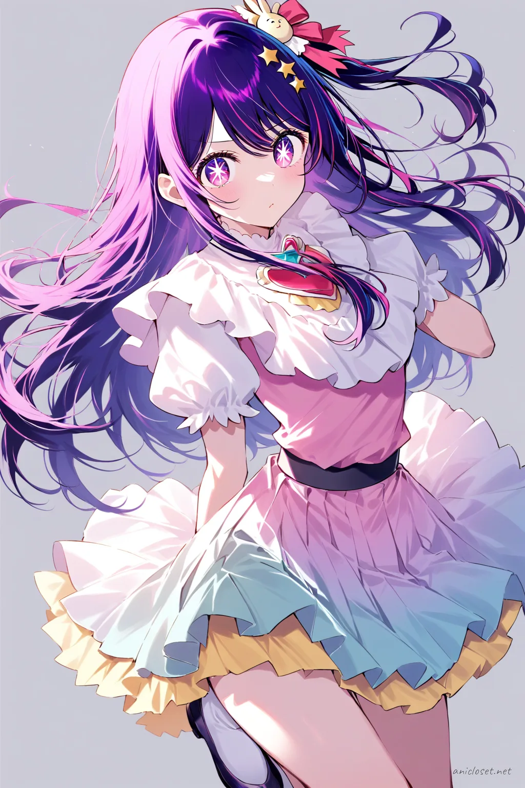 Illustration of Ai Hoshino wearing a pastel idol dress with twin ribbons and pastel over-the-knee socks