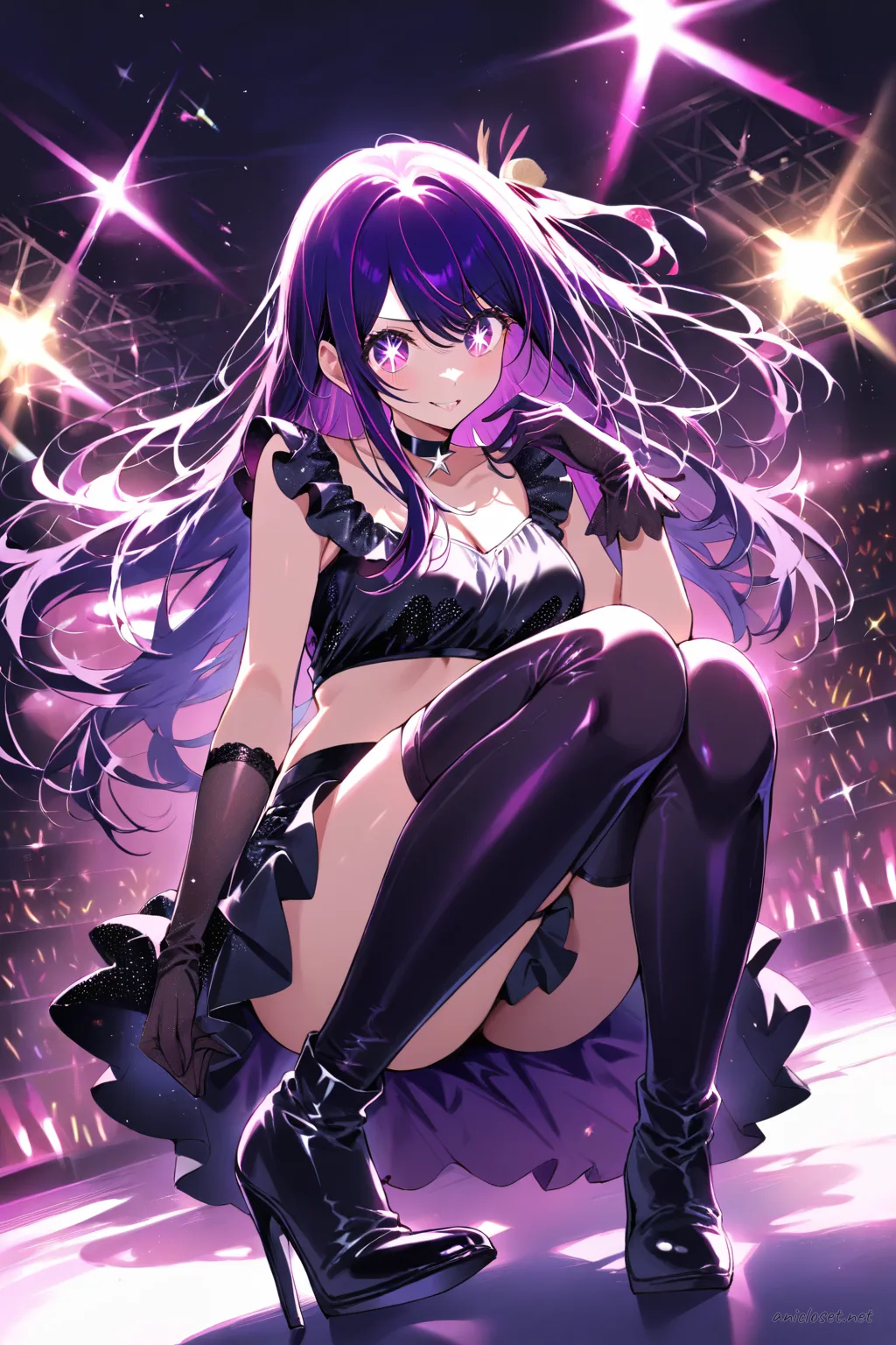 Illustration of Ai Hoshino wearing a black sequin dress with sheer long sleeves, thigh-high boots, fingerless gloves, and silver neck ribbon