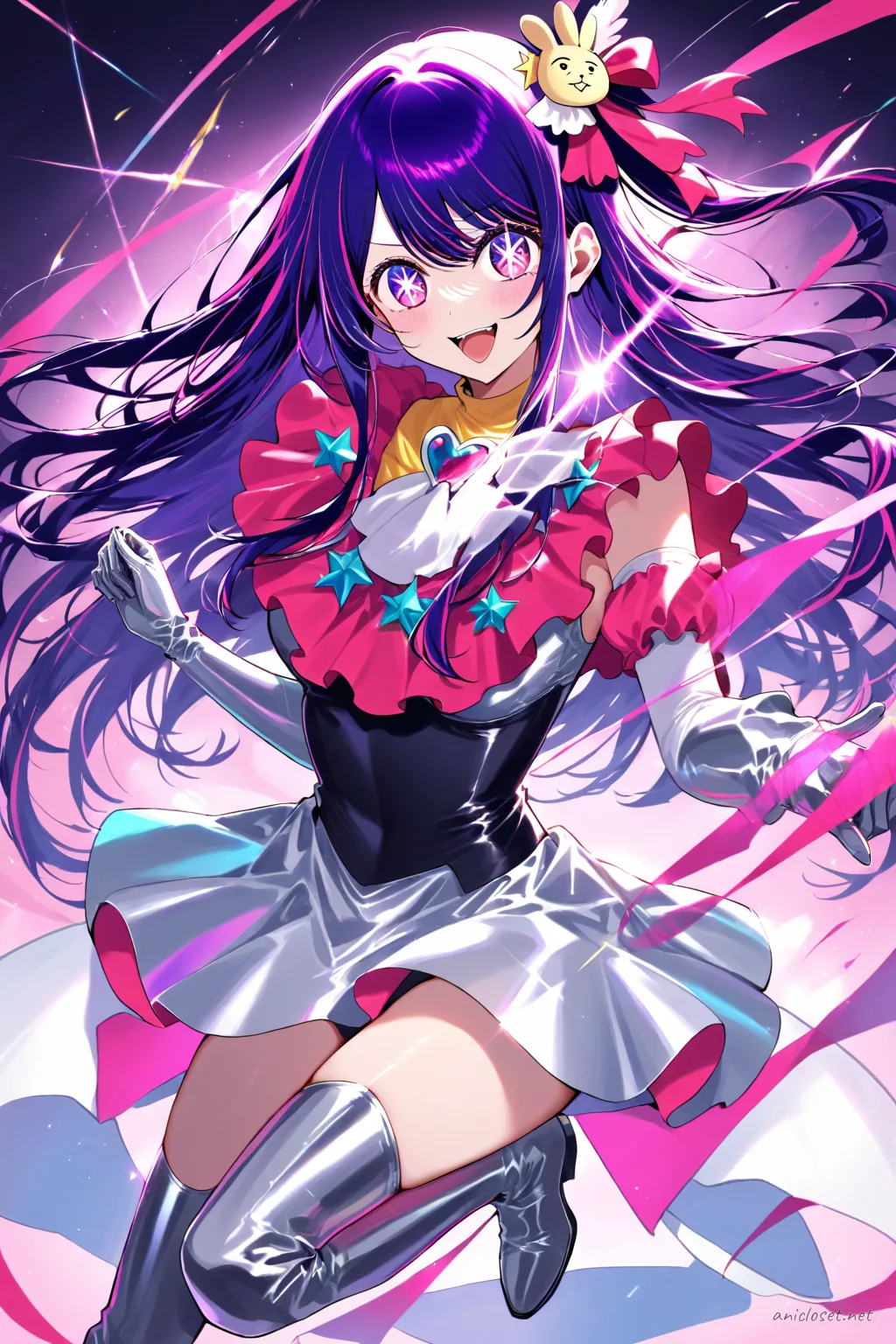 Illustration of Ai Hoshino in a sleek futuristic idol outfit with smooth glossy panels and a large ribbon