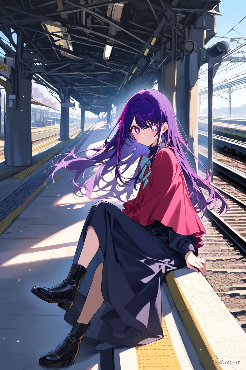 Illustration of Ai Hoshino wearing a simple winter idol costume with a cozy capelet and ankle boots