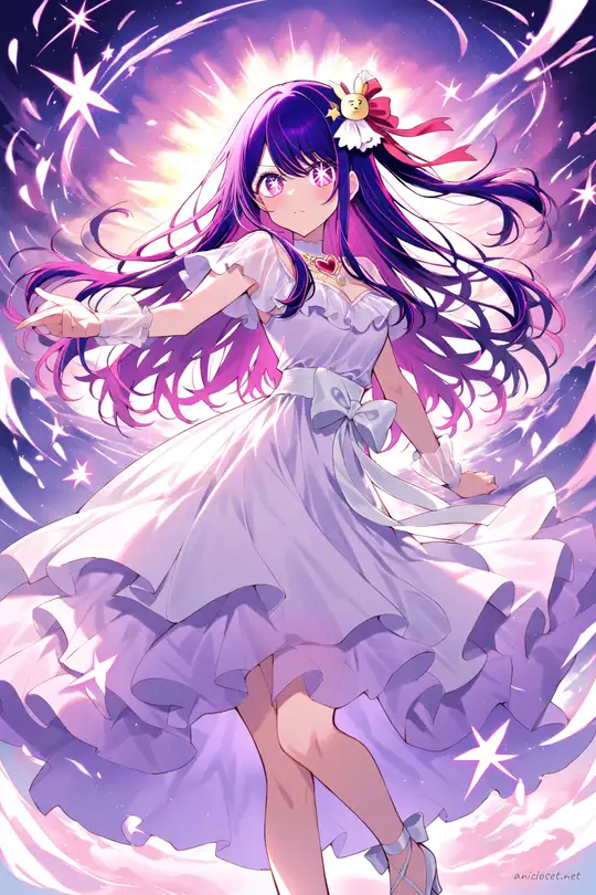 Illustration of Ai Hoshino wearing a pastel encore ballad midi dress with soft chiffon, layered skirt, puff sleeves, and ribbon hair accessories