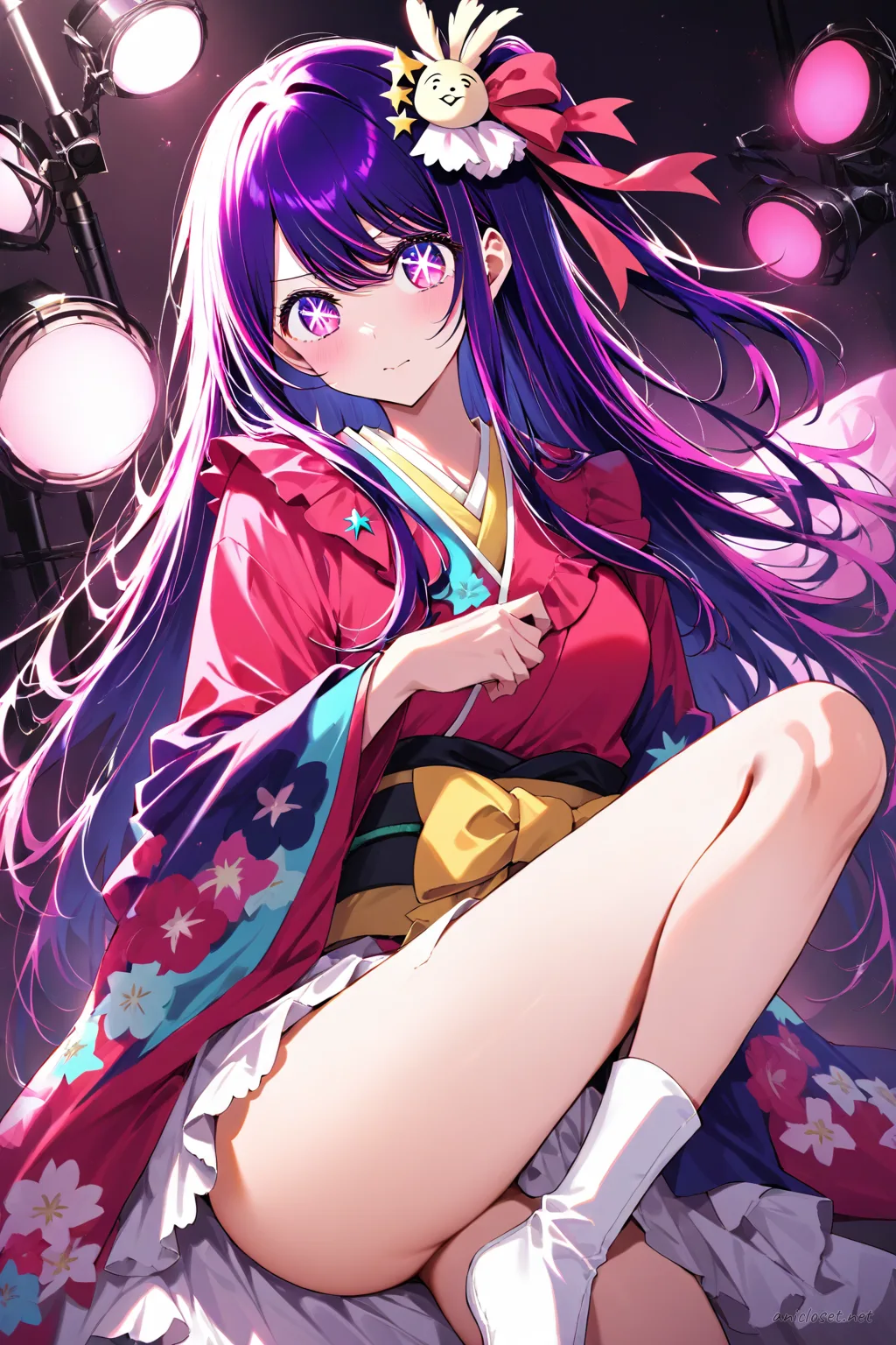 Illustration of Ai Hoshino wearing a bright furisode kimono with medium floral pattern, neat obi bow, and single flower kanzashi