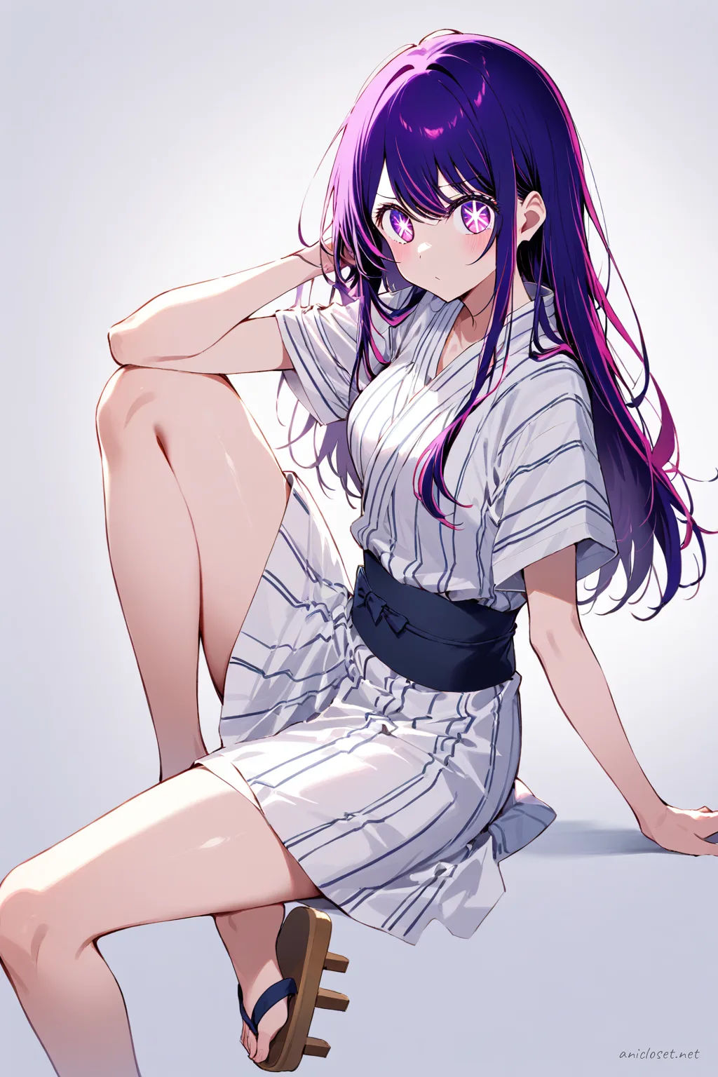 Illustration of Ai Hoshino wearing a simple summer yukata with thin vertical stripes, plain obi, and basic geta sandals, front cowboy shot
