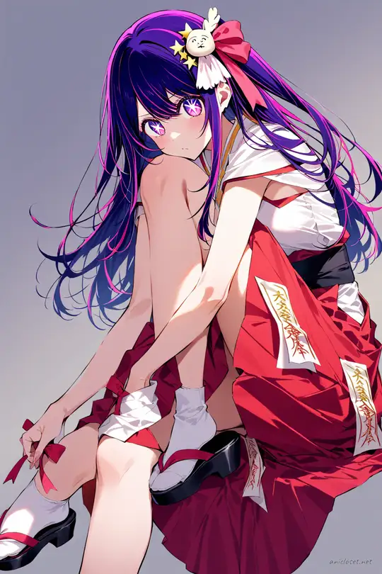 Full-body three-quarter view of Ai Hoshino wearing a white kosode and red hakama shrine maiden outfit with ribbon hair ties and an ofuda charm