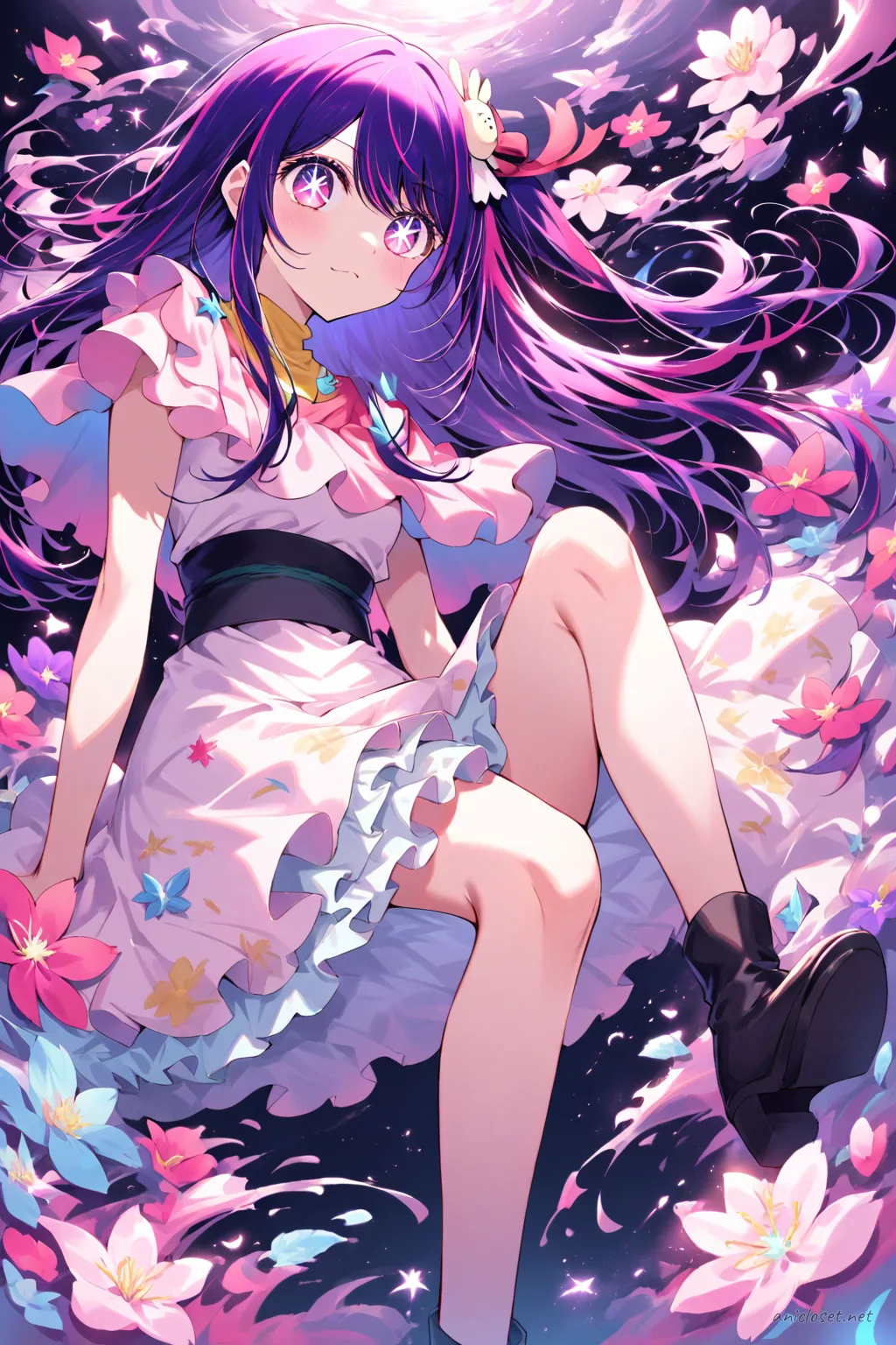Illustration of Ai Hoshino wearing a pastel kimono dress with soft floral patterns, simple obi, and clean ankle boots